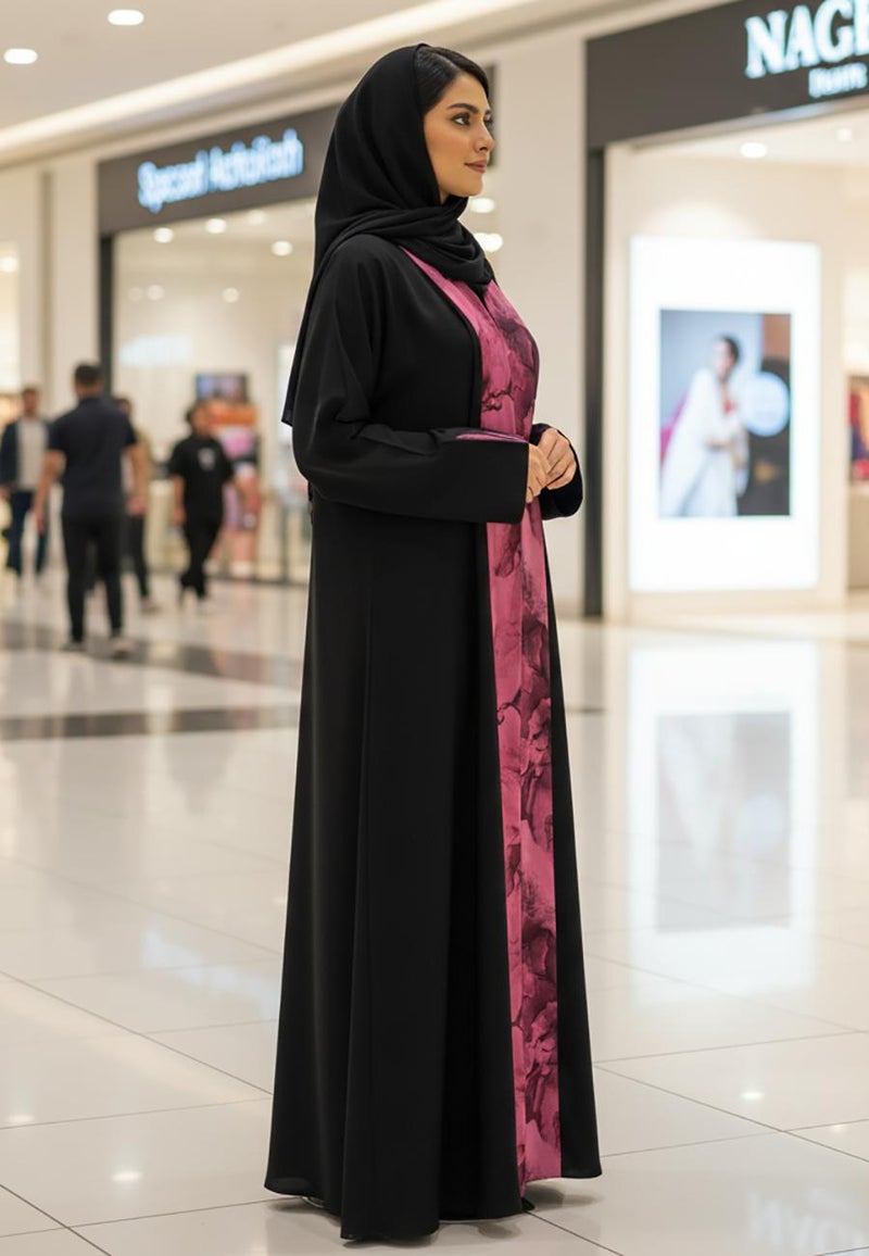 NUKHBAA Modern Bloom Panel Abaya | Black Nida with Magenta Floral Print-813 - Image 1
