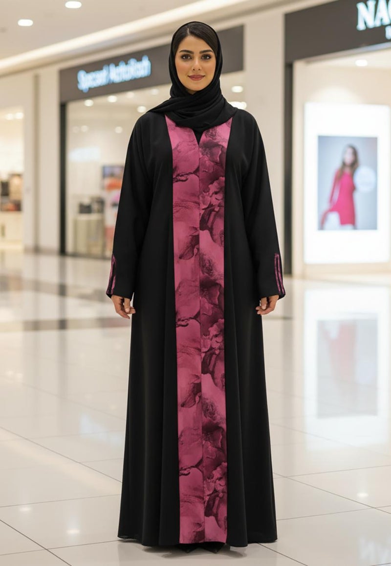 NUKHBAA Modern Bloom Panel Abaya | Black Nida with Magenta Floral Print-813 - Image 3
