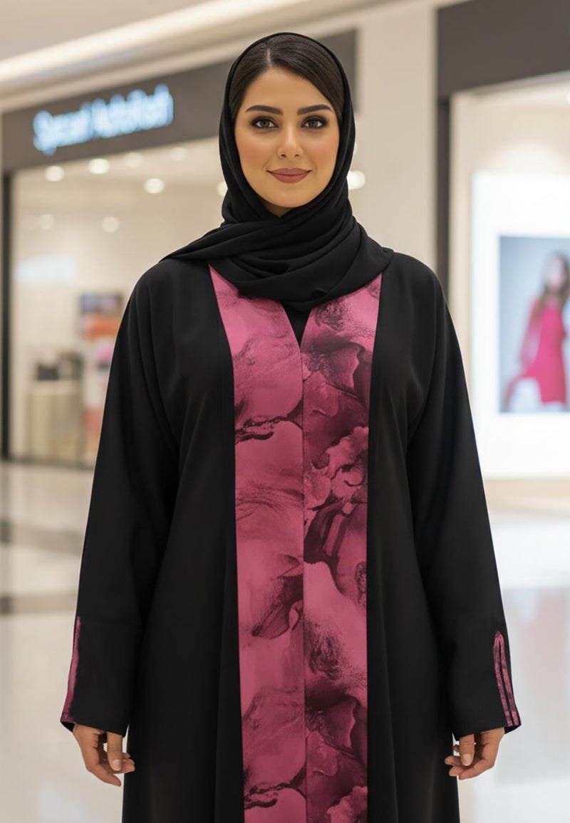 NUKHBAA Modern Bloom Panel Abaya | Black Nida with Magenta Floral Print-813 - Image 2