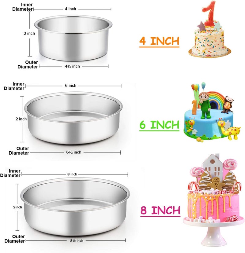E-far Cake Pan Set of 3 (4 inch/6 inch/8 inch), Stainless Steel Small Round Layer Cake Baking Pans, Perfect for Tier Smash Cake, Non-Toxic & Healthy, Mirror Finish & Dishwasher Safe - Image 2
