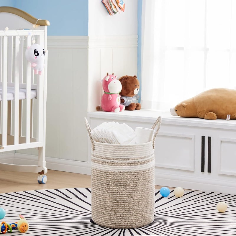 VIPOSCO Tall Laundry Hamper, Woven Rope Storage Basket for Blanket, Toys, Dirty Clothes in Living Room, Bathroom, Bedroom - 30L Brown & White - Image 2