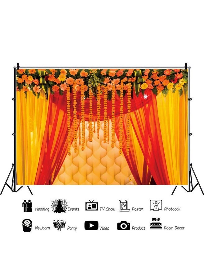 AOFOTO - 7X5Ft Macrame Wedding Backdrop Indian Marriage Decoration Red Curtain Flowers Background Sweetheart Engagement Photography Couples Trip Celebration Photos Atistic Photoshoot Prop Vinyl - Image 1