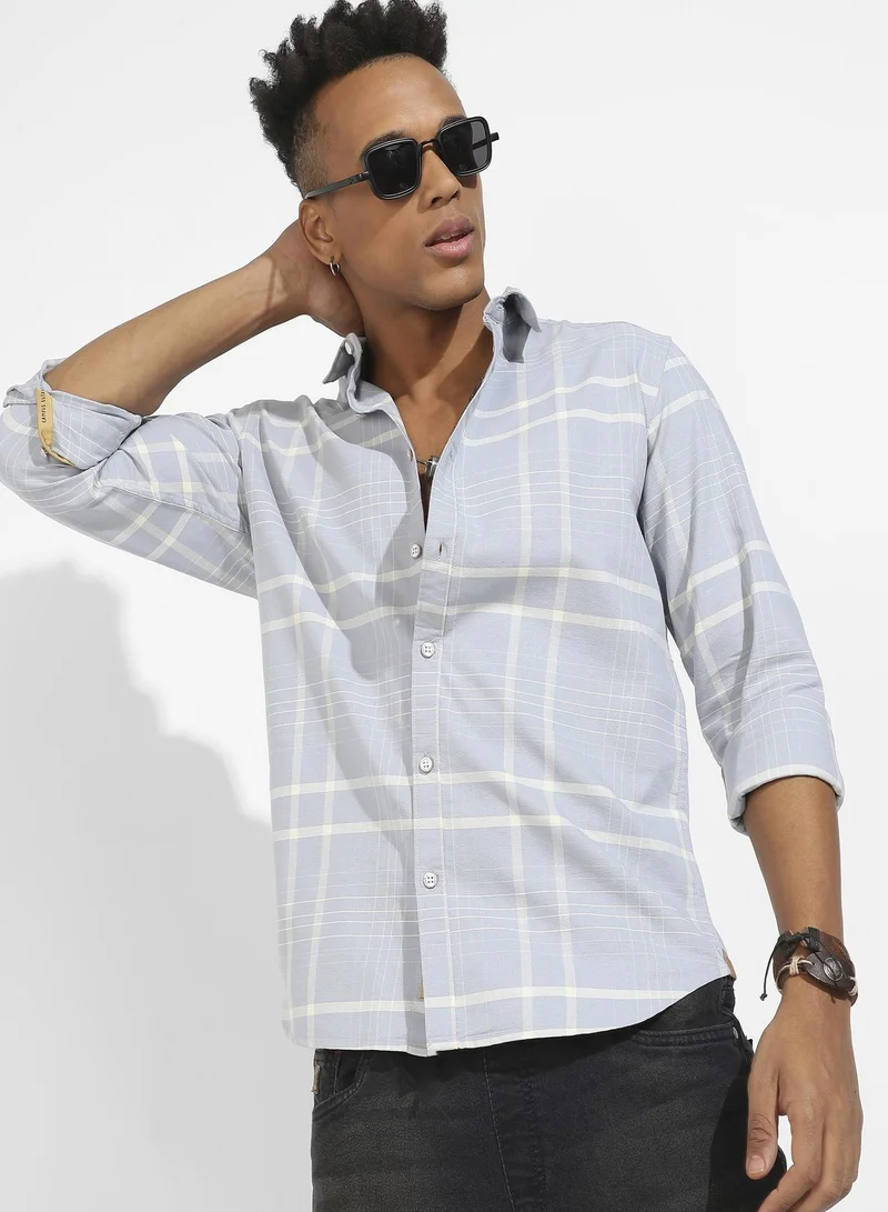 Campus Sutra Campus Sutra Men's Light Grey Contrast Tartan Plaid Shirt For Casual Wear | Spread Collar | Long Sleeve | Button Closure | Cotton Shirt Crafted With Comfort Fit For Everyday Wear