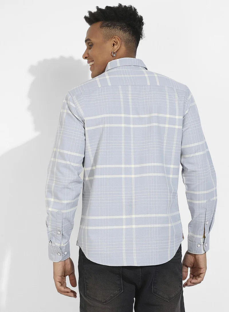 Campus Sutra Campus Sutra Men's Light Grey Contrast Tartan Plaid Shirt For Casual Wear | Spread Collar | Long Sleeve | Button Closure | Cotton Shirt Crafted With Comfort Fit For Everyday Wear