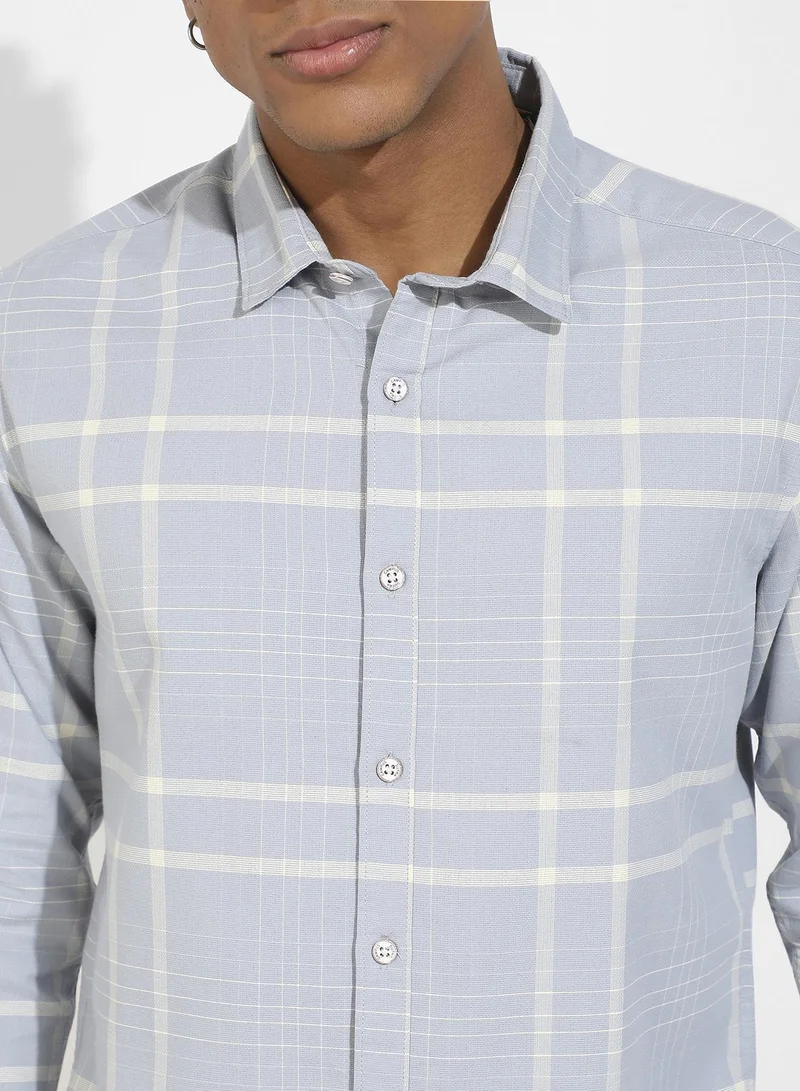 Campus Sutra Campus Sutra Men's Light Grey Contrast Tartan Plaid Shirt For Casual Wear | Spread Collar | Long Sleeve | Button Closure | Cotton Shirt Crafted With Comfort Fit For Everyday Wear