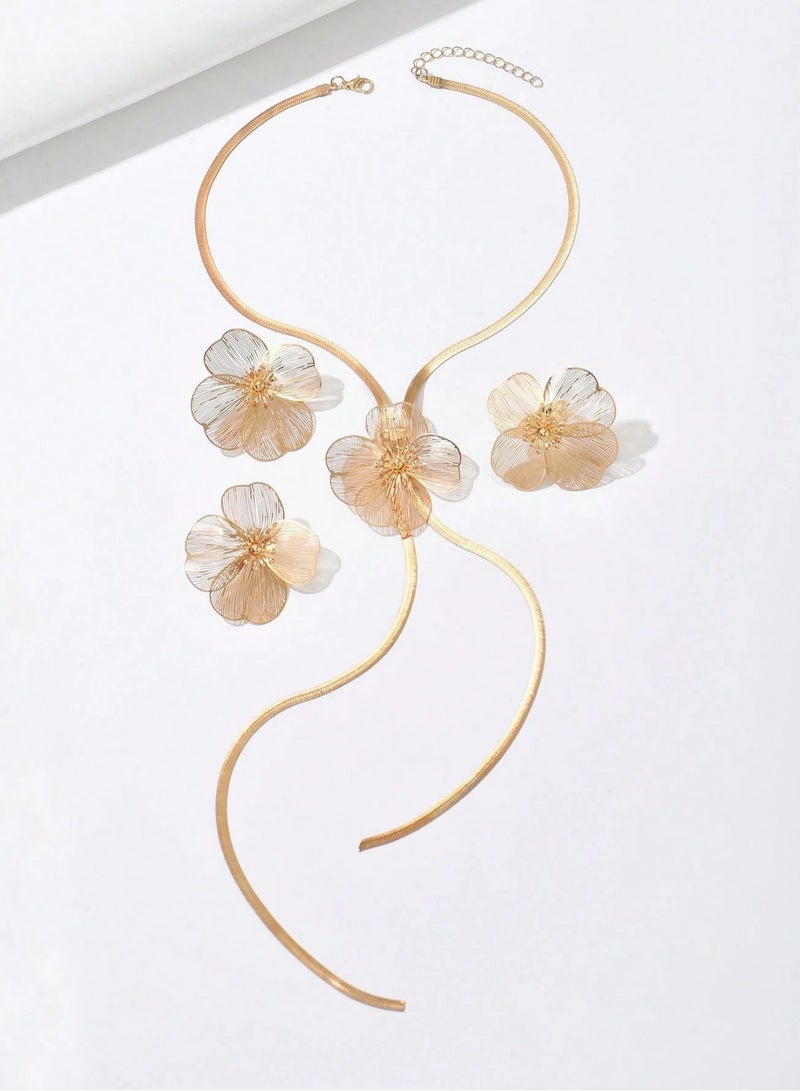 Women’s Accessories Set with Necklace, Earrings and Ring in Gold Color - Image 4