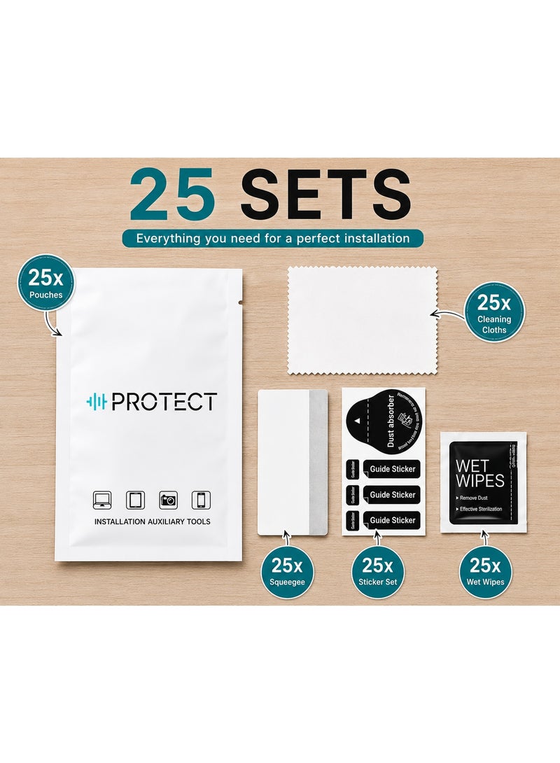 Protect Professional Cleaning & Installation Kit Pack of 25 Sets | Screen Protector Application Tools | Camera Lens Cleaning Kit | Microfiber Cloth, Wet Wipes, Dust Absorber, Guide Stickers & Squeegee - Image 1