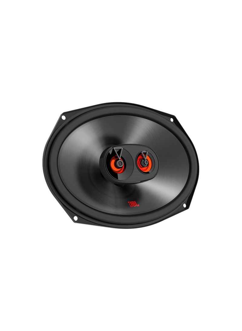 JBL Club 9632 Club Series 6"x9" 3-way car speakers General Features: 6"x9" 3-way speakers (pair) polypropylene Plus One™ woofer cone edge-driven silk dome tweeter and supertweeter handles up to 85 watts RMS (255 watts peak power) frequency response: 50-20,000 Hz impedance: 3 ohms sensitivity: 93 dB at 2.83 volts top-mount depth: 3-1/8" grilles included