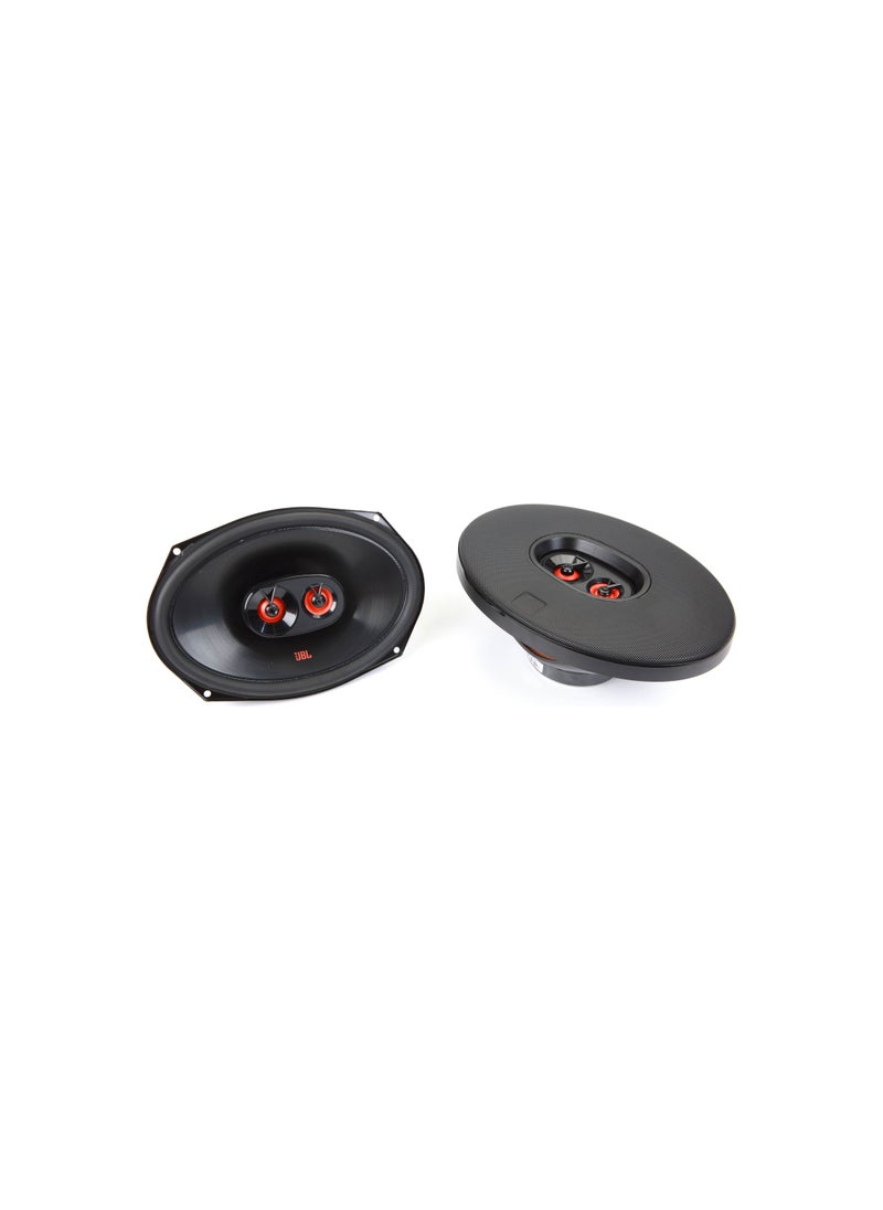 JBL Club 9632 Club Series 6"x9" 3-way car speakers General Features: 6"x9" 3-way speakers (pair) polypropylene Plus One™ woofer cone edge-driven silk dome tweeter and supertweeter handles up to 85 watts RMS (255 watts peak power) frequency response: 50-20,000 Hz impedance: 3 ohms sensitivity: 93 dB at 2.83 volts top-mount depth: 3-1/8" grilles included