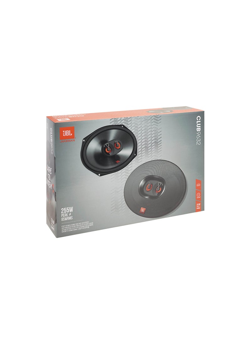 JBL Club 9632 Club Series 6"x9" 3-way car speakers General Features: 6"x9" 3-way speakers (pair) polypropylene Plus One™ woofer cone edge-driven silk dome tweeter and supertweeter handles up to 85 watts RMS (255 watts peak power) frequency response: 50-20,000 Hz impedance: 3 ohms sensitivity: 93 dB at 2.83 volts top-mount depth: 3-1/8" grilles included