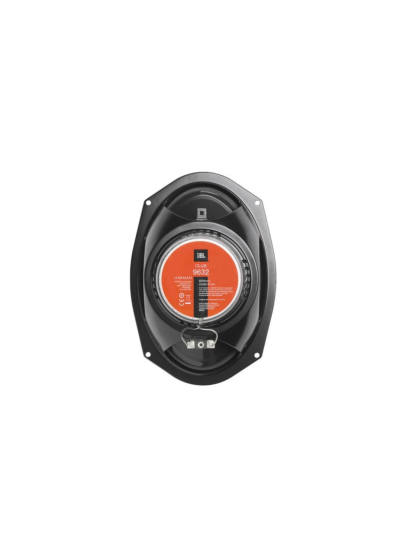 JBL Club 9632 Club Series 6"x9" 3-way car speakers General Features: 6"x9" 3-way speakers (pair) polypropylene Plus One™ woofer cone edge-driven silk dome tweeter and supertweeter handles up to 85 watts RMS (255 watts peak power) frequency response: 50-20,000 Hz impedance: 3 ohms sensitivity: 93 dB at 2.83 volts top-mount depth: 3-1/8" grilles included