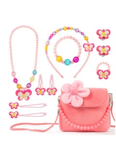SYOSI Kids Jewelry Set, Flower Crossbody Bag Purse Gift, Children Pink Handbag with Butterfly Necklace Bracelet Rings Earrings, Princess Role Play Dress Up Jewelry Accessories Party Favors  - Image 1