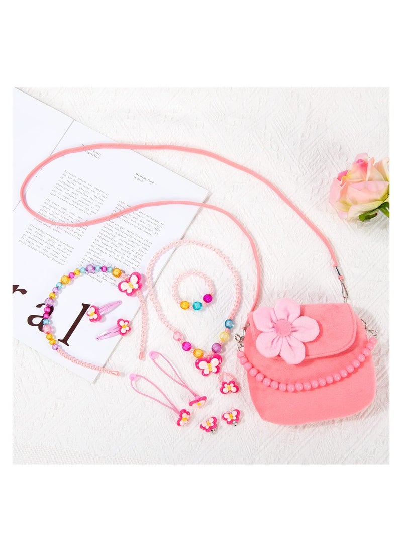 SYOSI - Kids Jewelry Set, Flower Crossbody Bag Purse Gift, Children Pink Handbag with Butterfly Necklace Bracelet Rings Earrings, Princess Role Play Dress Up Jewelry Accessories Party Favors - Image 1