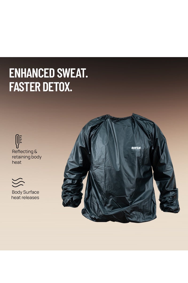 أكسوكس بدلة الساونا من **AXOX Fitness** – بدلة عرق PVC تحتفظ بالحرارة لخسارة الوزن، وتمارين الكارديو، وHIIT، والملاكمة – خفيفة الوزن ومتوفرة بمقاسات متعددة، مناسبة للرجال والنساء. - Image 2