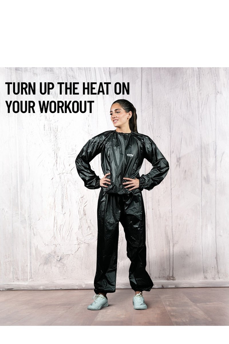 أكسوكس بدلة الساونا من **AXOX Fitness** – بدلة عرق PVC تحتفظ بالحرارة لخسارة الوزن، وتمارين الكارديو، وHIIT، والملاكمة – خفيفة الوزن ومتوفرة بمقاسات متعددة، مناسبة للرجال والنساء. - Image 4