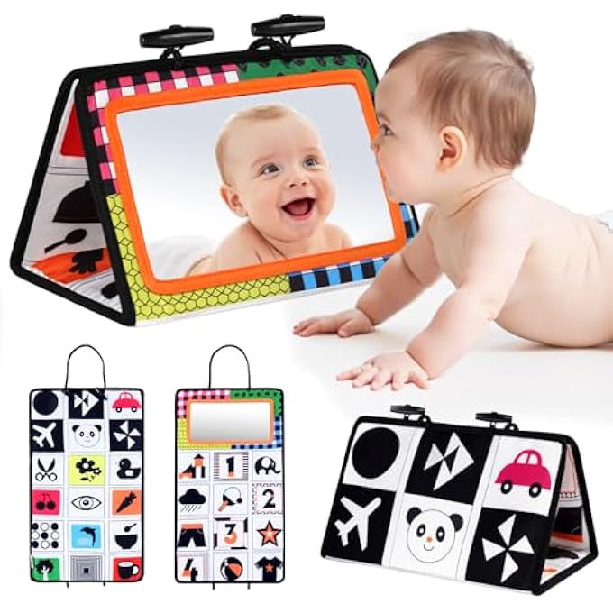 BABY MIRROR TOY WITH CRINKLE BOOK, FOLDABLE BLACK WHITE CONTRAST BABY BOOK, BABY MIRROR TOY, BABY TOY FROM 0 MONTHS, BABY TOY FOR NEWBORN GIFT - Image 2