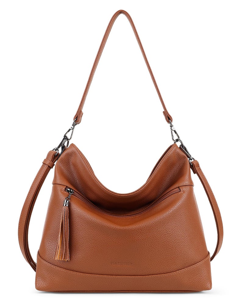 MASINTOR Hobo Crossbody Bags for Women, 2 in 1 Convertible Leather Crossbody Purse Handbags Slouchy Shoulder Bags for Work Travel with Tassel Brown - Image 1