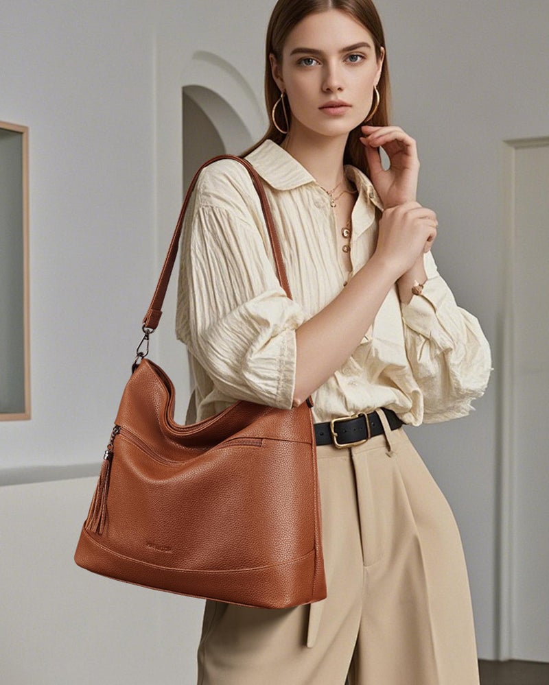 MASINTOR Hobo Crossbody Bags for Women, 2 in 1 Convertible Leather Crossbody Purse Handbags Slouchy Shoulder Bags for Work Travel with Tassel Brown - Image 2