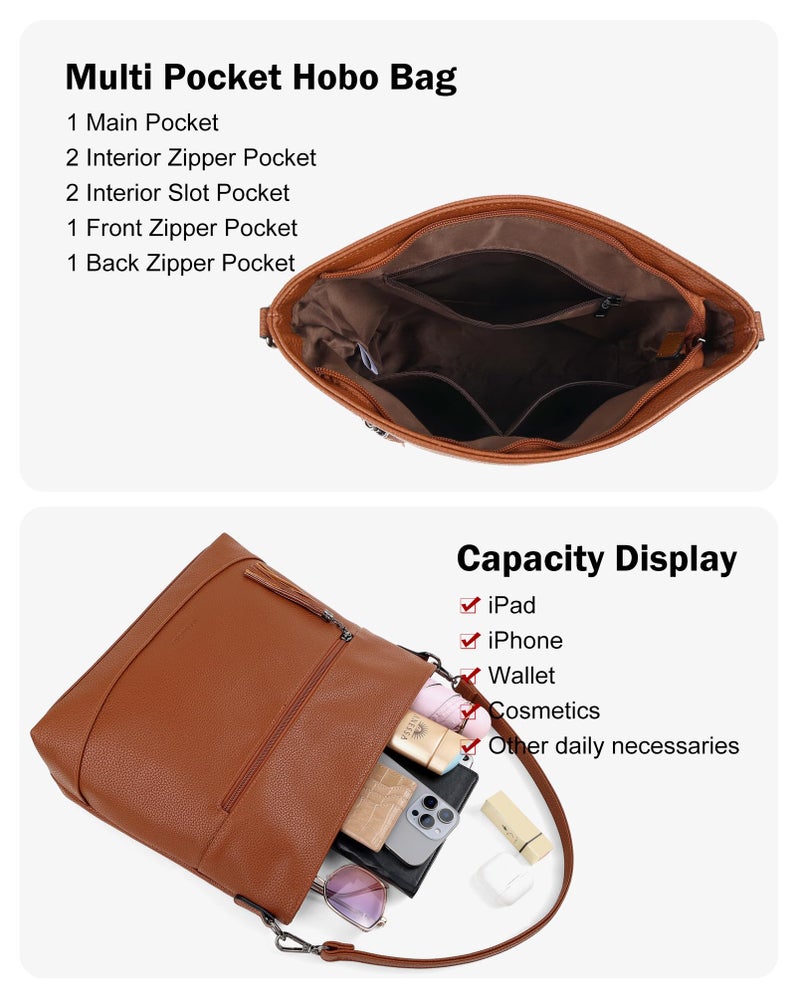MASINTOR Hobo Crossbody Bags for Women, 2 in 1 Convertible Leather Crossbody Purse Handbags Slouchy Shoulder Bags for Work Travel with Tassel Brown - Image 3