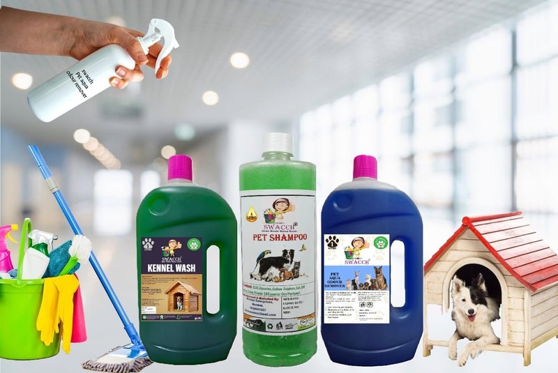 swacch Kennel Wash (Jasmine) + Pet Shampoo (Neem Alovera) I Pet Aqua Odour Remover (Lavender) 1 Litre Combo Pack of 3 Economical Pack I Dog and Cat Friendly - Image 1