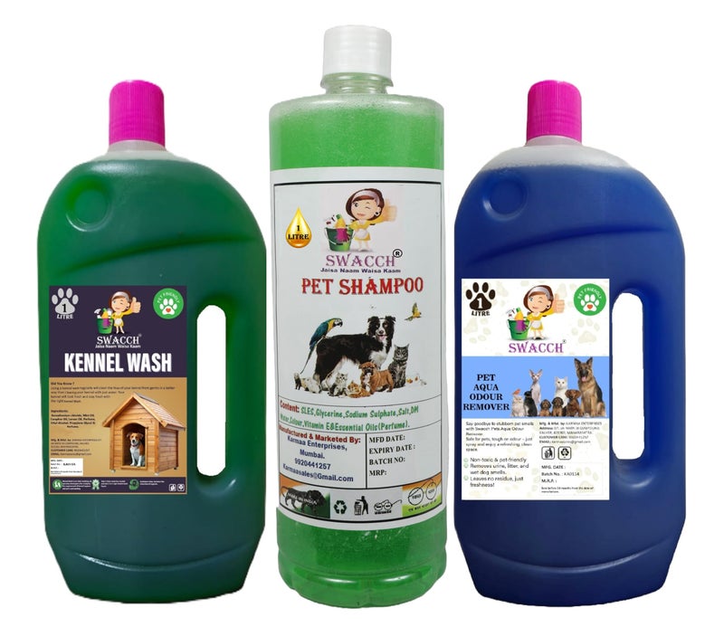 swacch Kennel Wash (Jasmine) + Pet Shampoo (Neem Alovera) I Pet Aqua Odour Remover (Lavender) 1 Litre Combo Pack of 3 Economical Pack I Dog and Cat Friendly - Image 2