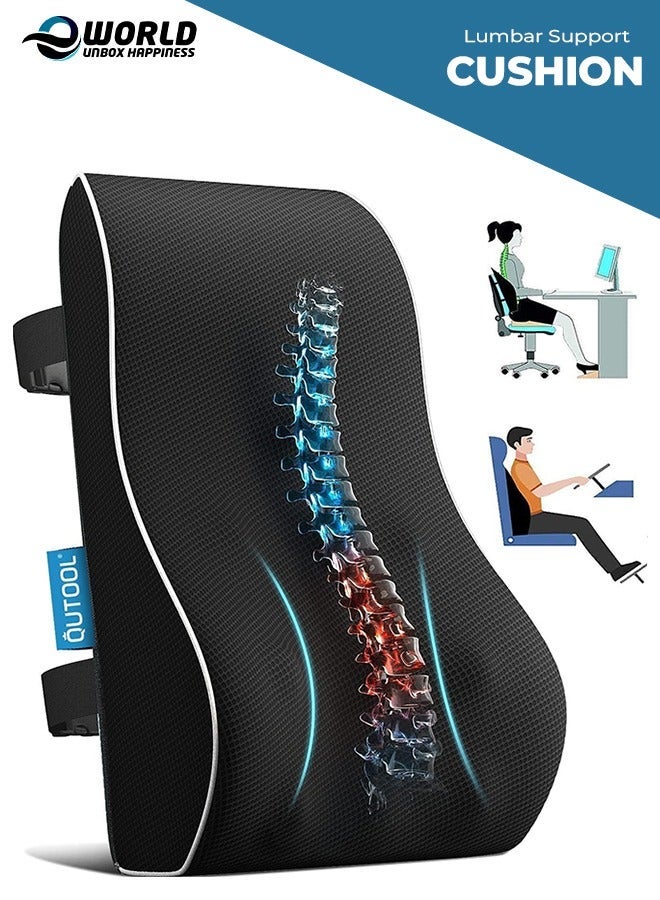 MEMORY FOAM LUMBAR SUPPORT PILLOW, ERGONOMIC BACK CUSHION FOR PAIN RELIEF AND POSTURE SUPPORT, WITH BREATHABLE MESH COVER AND ADJUSTABLE STRAPS FOR OFFICE CHAIRS, CAR, RECLINERS AND MORE, BLACK