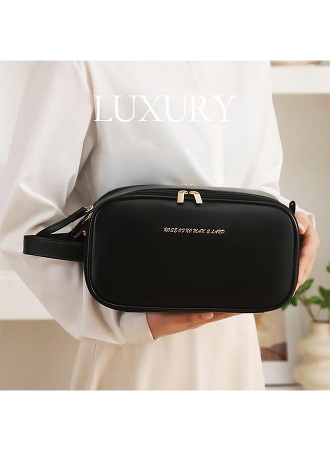 حقيبة مستحضرات تجميل كبيرة السعة للسفر، حقيبة أدوات زينة من جلد البولي يوريثان بسحاب لأدوات الزينة، مستحضرات التجميل، فرشاة المكياج، حقيبة تنظيم مكياج محمولة مقاومة للماء للسفر والاستخدام المنزلي - Image 3