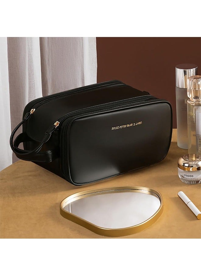 حقيبة مستحضرات تجميل كبيرة السعة للسفر، حقيبة أدوات زينة من جلد البولي يوريثان بسحاب لأدوات الزينة، مستحضرات التجميل، فرشاة المكياج، حقيبة تنظيم مكياج محمولة مقاومة للماء للسفر والاستخدام المنزلي - Image 4