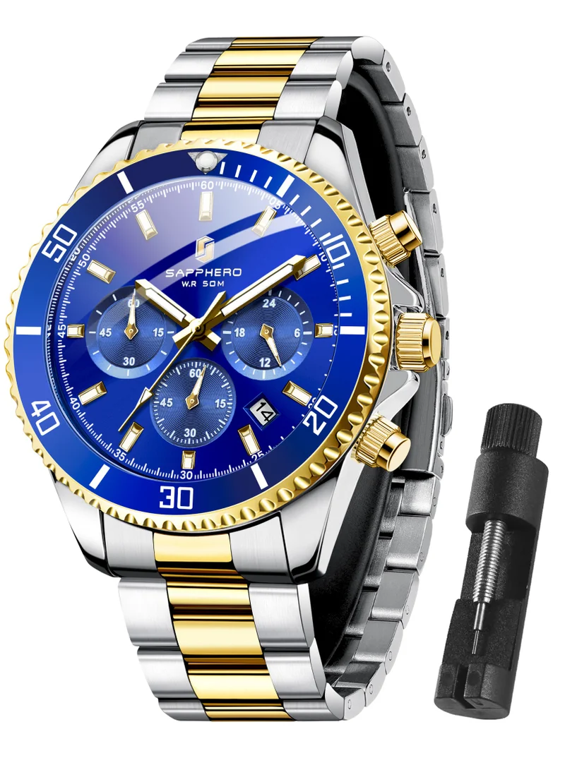 Sapphero SAPPHERO Mens Watches Analog Quartz Chronograph Stainless Steel Watches for Men 50M Waterproof Men's Wrist Watches with Calendar Luxury Business Work Casual Watch Elegant Gifts for Men
