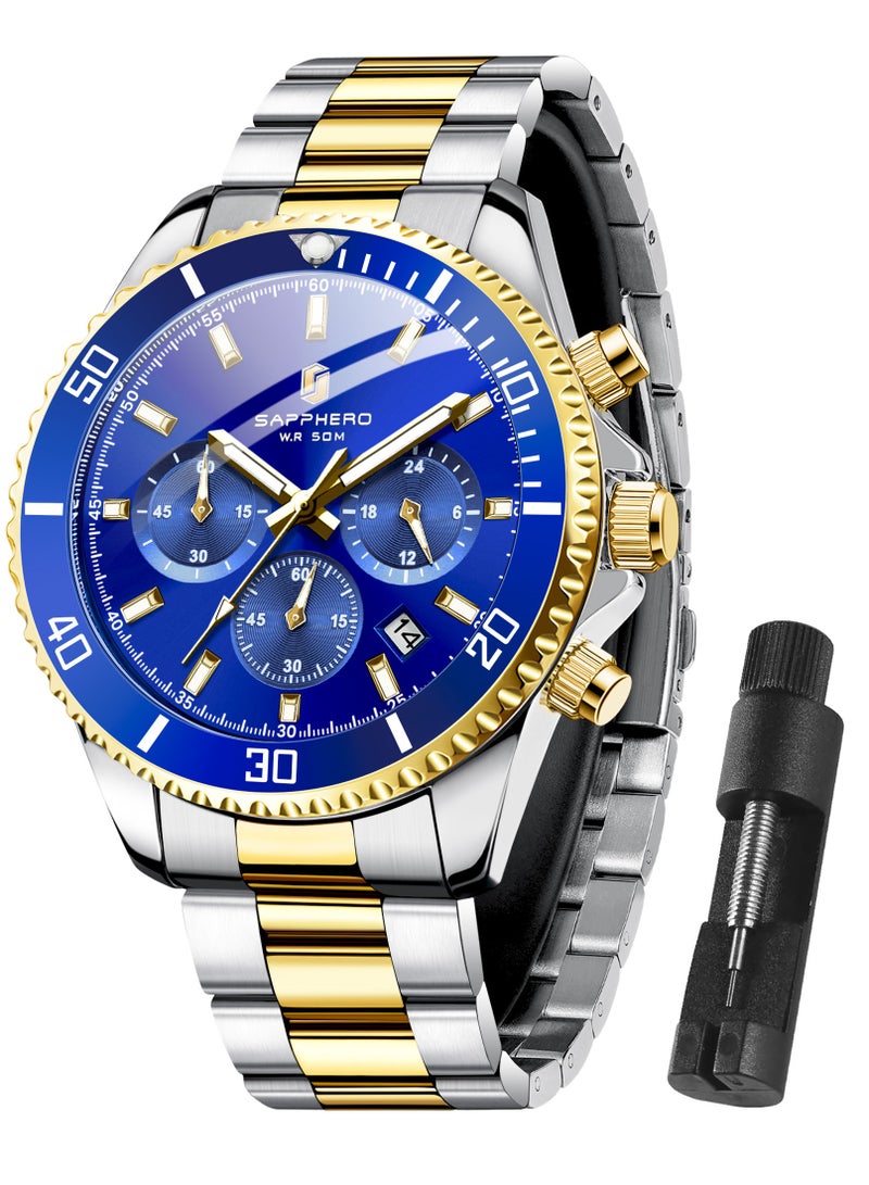 SAPPHERO Mens Watches Analog Quartz Chronograph Stainless Steel Watches for Men 50M Waterproof Men's Wrist Watches with Calendar Luxury Business Work Casual Watch Elegant Gifts for Men - Image 1
