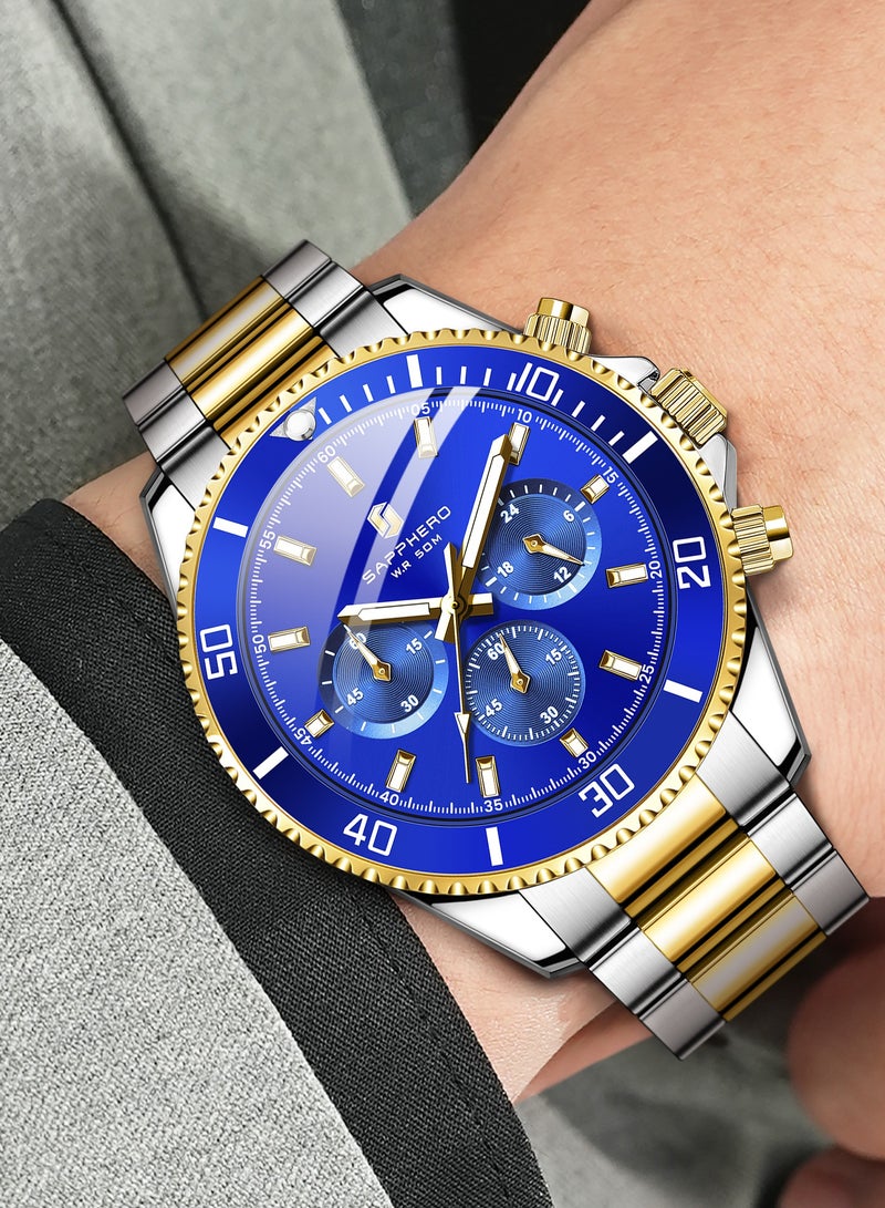 SAPPHERO Mens Watches Analog Quartz Chronograph Stainless Steel Watches for Men 50M Waterproof Men's Wrist Watches with Calendar Luxury Business Work Casual Watch Elegant Gifts for Men - Image 3