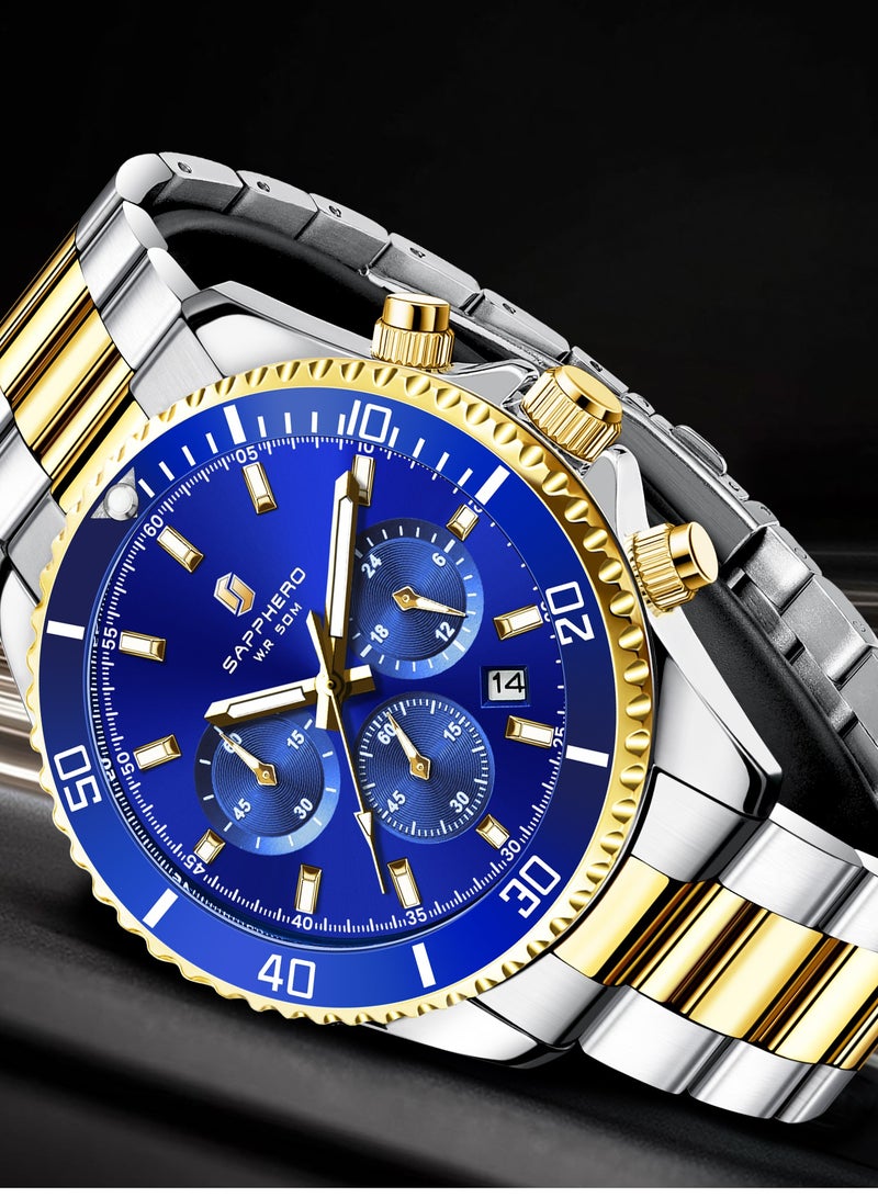 SAPPHERO Mens Watches Analog Quartz Chronograph Stainless Steel Watches for Men 50M Waterproof Men's Wrist Watches with Calendar Luxury Business Work Casual Watch Elegant Gifts for Men - Image 5
