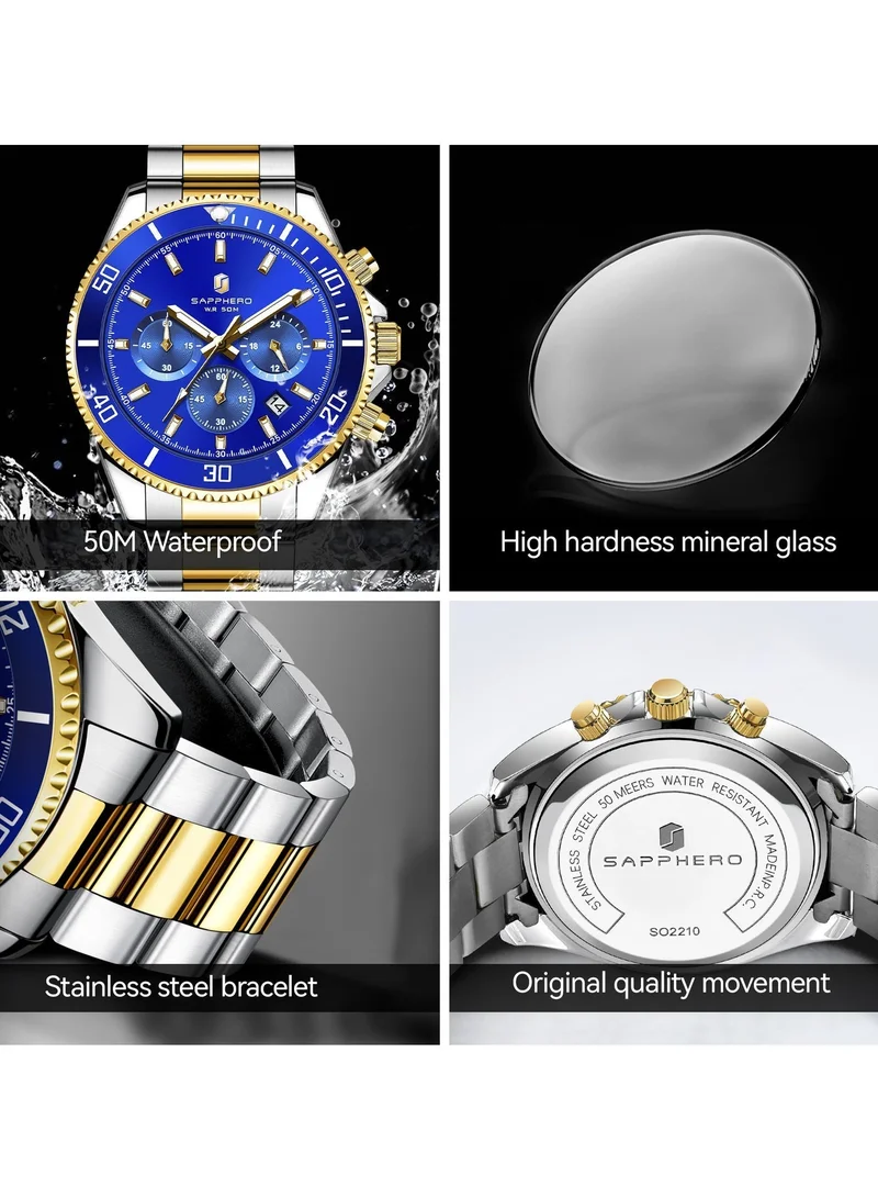 Sapphero 200 g SAPPHERO Mens Watches Analog Quartz Chronograph Stainless Steel Watches for Men 50M Waterproof Men's Wrist Watches with Calendar Luxury Business Work Casual Watch Elegant Gifts for Men for Men | Best Price UAE