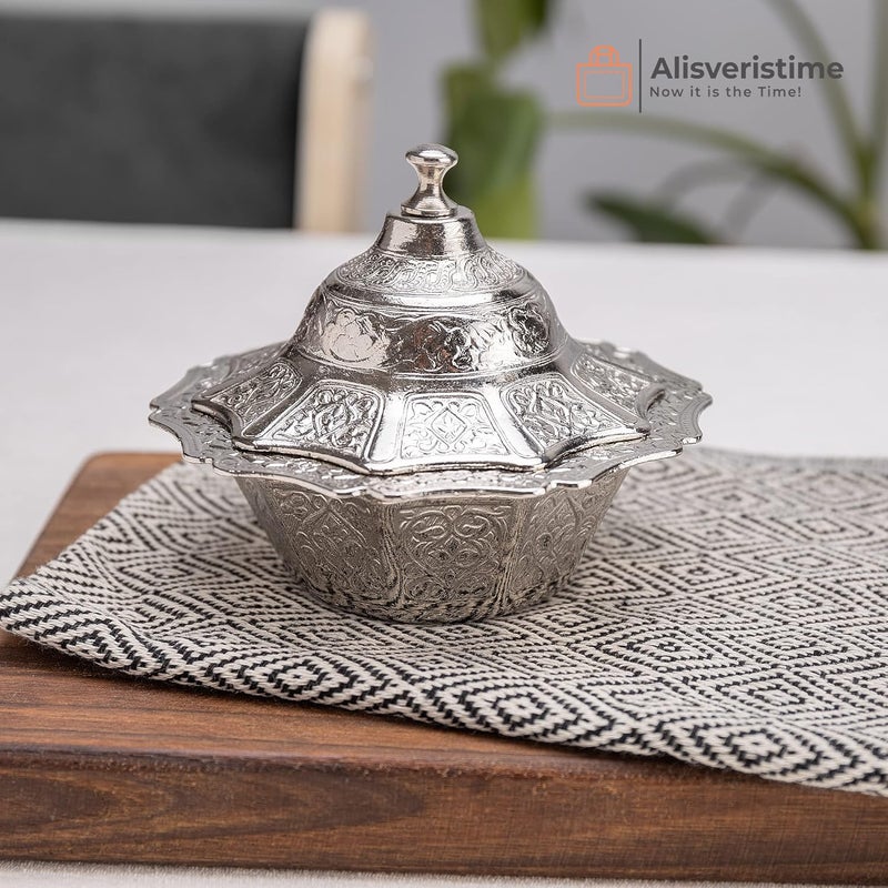 Alisveristime وعاء تقديم الحلوى والشوكولاتة والسكر المصنوع يدويًا من النحاس المطلي من Alisveristime مع غطاء، حاوية سكر، طبق سكر بغطاء، وعاء ملح، حاوية ملح، حامل سكر لبار القهوة (فضي) - Image 2