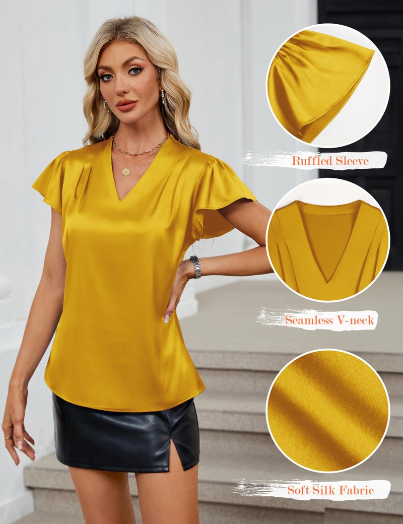 Blooming Jelly Women Silk Dressy Casual Business Blouse Ruffle Sleeve Summer Tops Cute V Neck Work Shirts (L, Yellow) - Image 4