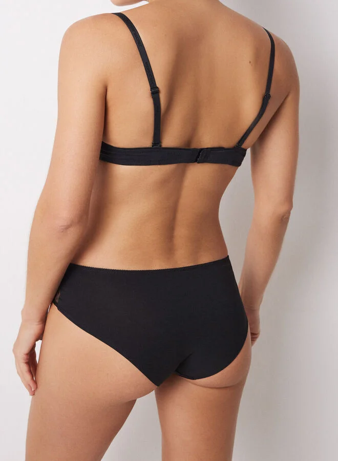 women'secret Wide black cotton panties with lace and bow or tie