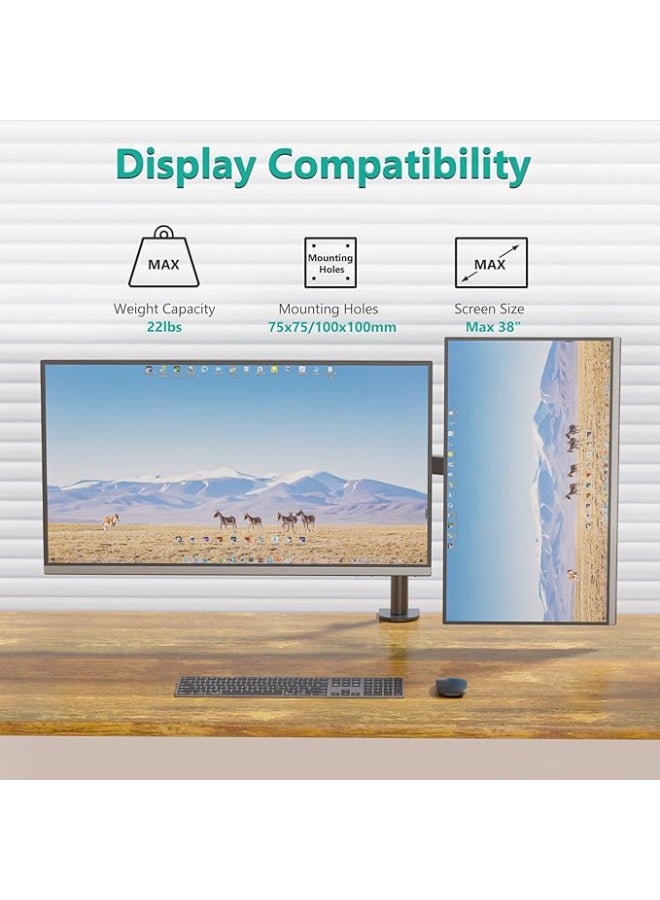 Dual Monitor Desk Mount – Height Adjustable Stand for 2 Screens up to 38 Inches – Supports 22 lbs per Arm – Space-Saving & Ergonomic - Image 4