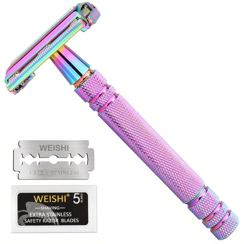 WEISHI Butterfly Open Double Edge Safety Razor for Men and Women Elegant Rainbow Color Handle with 5 Stainless Razor Blades Included Reusable Wet Shave Tool for Smooth Close Shave