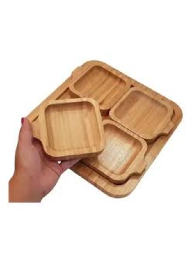 Wooden serving tray with four dishes