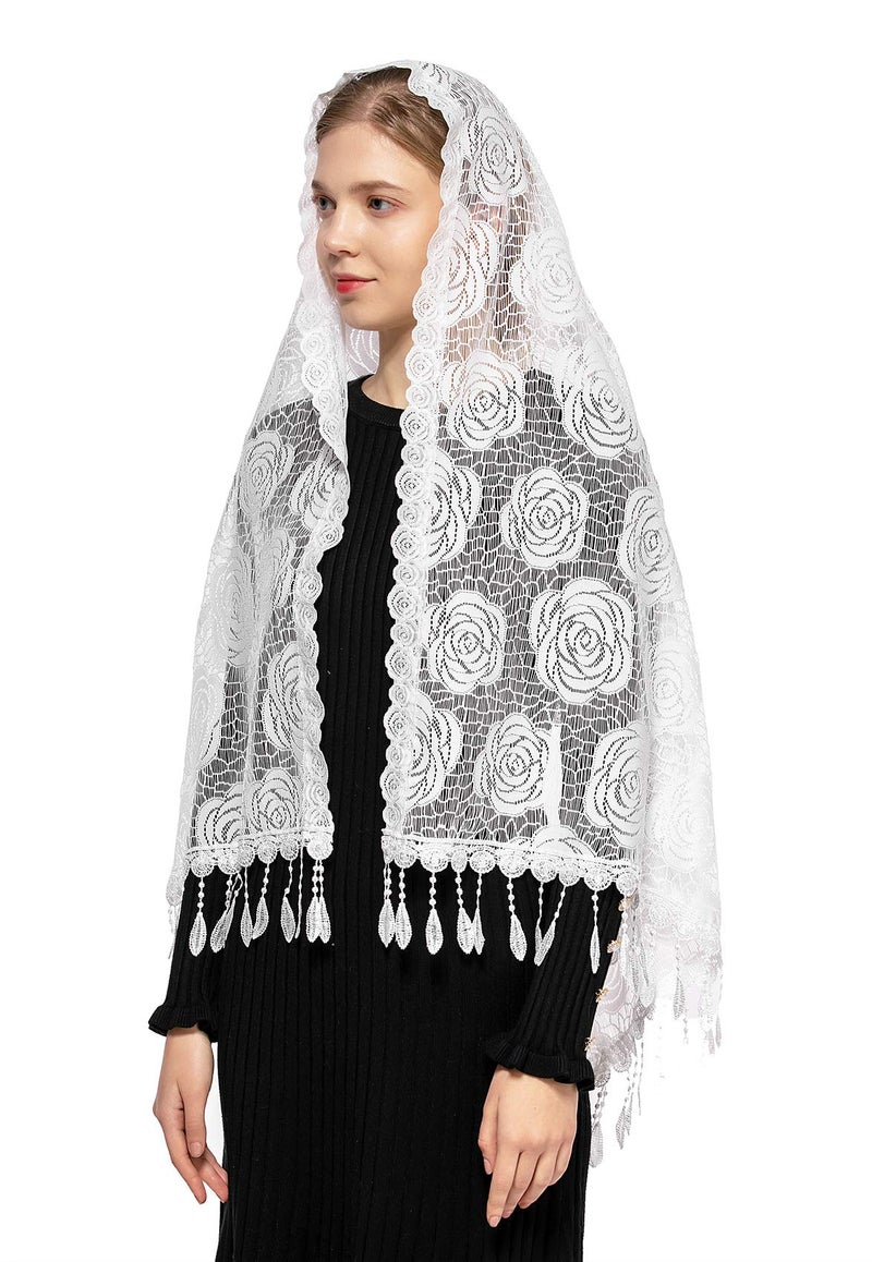 Wgior Rose Rectangular Chapel Veil Scarf Catholic Church Veils Mantilla Wrap Shawl Mass Head Covering (White) - Image 2