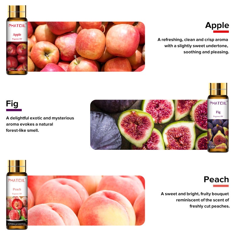 PHATOIL 9PCS Fruit Fragrance Oil Set for Soap Making Diffusers, 10ml/0.33fl.oz Cucumber Melon, Coconut & Vanilla, Peach, Pear, Green Apple, Blueberry, Apple, Fig, Lemon Fragrance Oil Essential Oils - Image 5