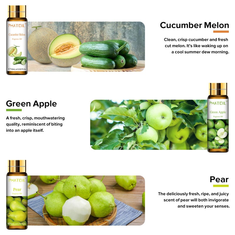 PHATOIL 9PCS Fruit Fragrance Oil Set for Soap Making Diffusers, 10ml/0.33fl.oz Cucumber Melon, Coconut & Vanilla, Peach, Pear, Green Apple, Blueberry, Apple, Fig, Lemon Fragrance Oil Essential Oils - Image 3