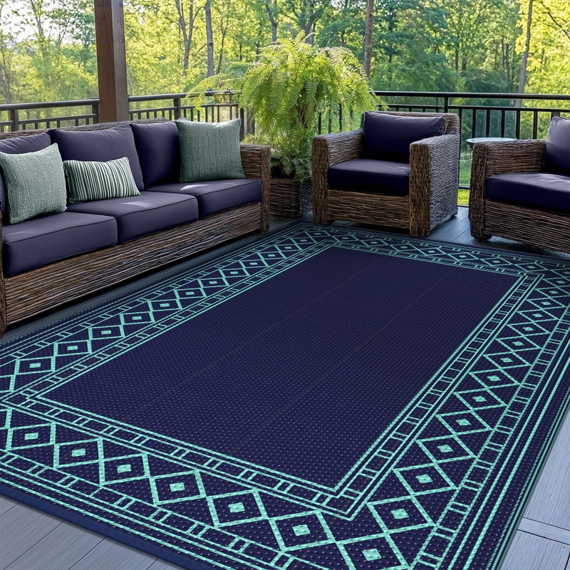 GENIMO Outdoor Rug Waterproof 5'x8' for Patio, Foldable Reversible Plastic Straw Carpet for Travel Trailers, Outside Area Mat for Rv, Deck, Picnic, Porch, Balcony, Beach, Navy Blue & Jade Green - Image 1