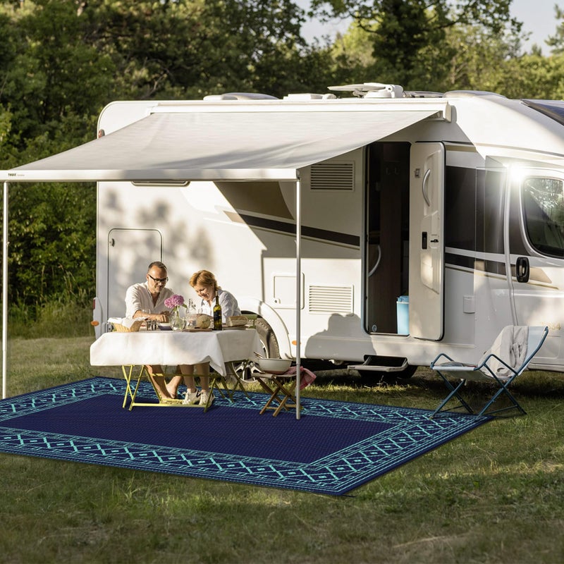 GENIMO Outdoor Rug Waterproof 5'x8' for Patio, Foldable Reversible Plastic Straw Carpet for Travel Trailers, Outside Area Mat for Rv, Deck, Picnic, Porch, Balcony, Beach, Navy Blue & Jade Green - Image 4