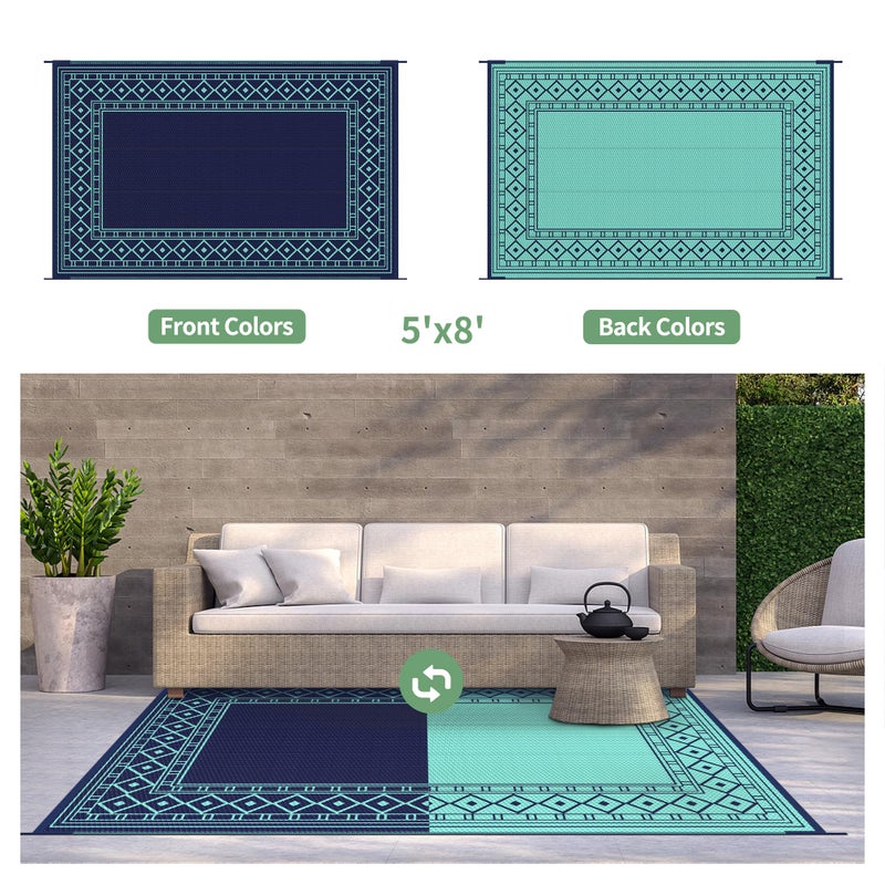 GENIMO Outdoor Rug Waterproof 5'x8' for Patio, Foldable Reversible Plastic Straw Carpet for Travel Trailers, Outside Area Mat for Rv, Deck, Picnic, Porch, Balcony, Beach, Navy Blue & Jade Green - Image 3