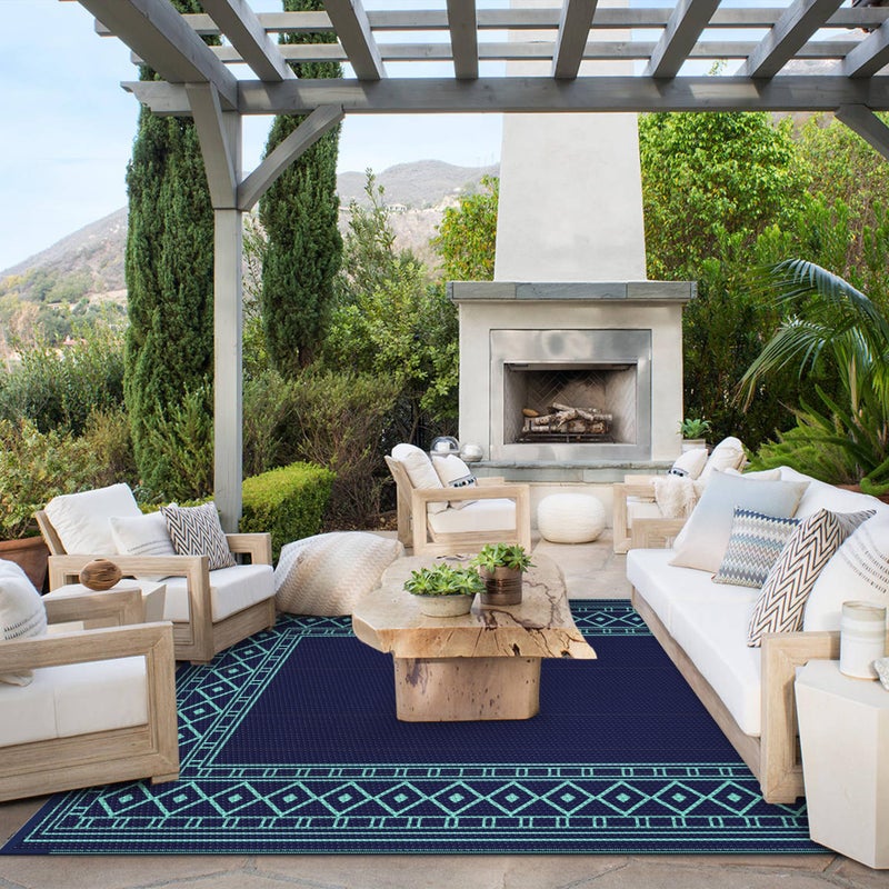 GENIMO Outdoor Rug Waterproof 5'x8' for Patio, Foldable Reversible Plastic Straw Carpet for Travel Trailers, Outside Area Mat for Rv, Deck, Picnic, Porch, Balcony, Beach, Navy Blue & Jade Green - Image 2