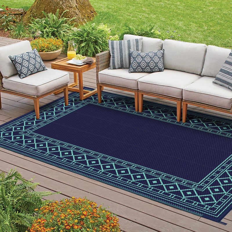 GENIMO Outdoor Rug Waterproof 5'x8' for Patio, Foldable Reversible Plastic Straw Carpet for Travel Trailers, Outside Area Mat for Rv, Deck, Picnic, Porch, Balcony, Beach, Navy Blue & Jade Green - Image 5