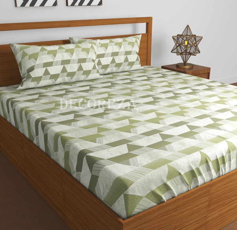 DECOREZA 350 TC King Size Elastic Fitted Bedsheet with Deep Pocket Cotton Feel Bed Sheet for Double Bed, Soft, Breathable & Wrinkle-Resistant, Includes 2 Pillow Covers, Size - 72"x78" Green Mountains - Image 1