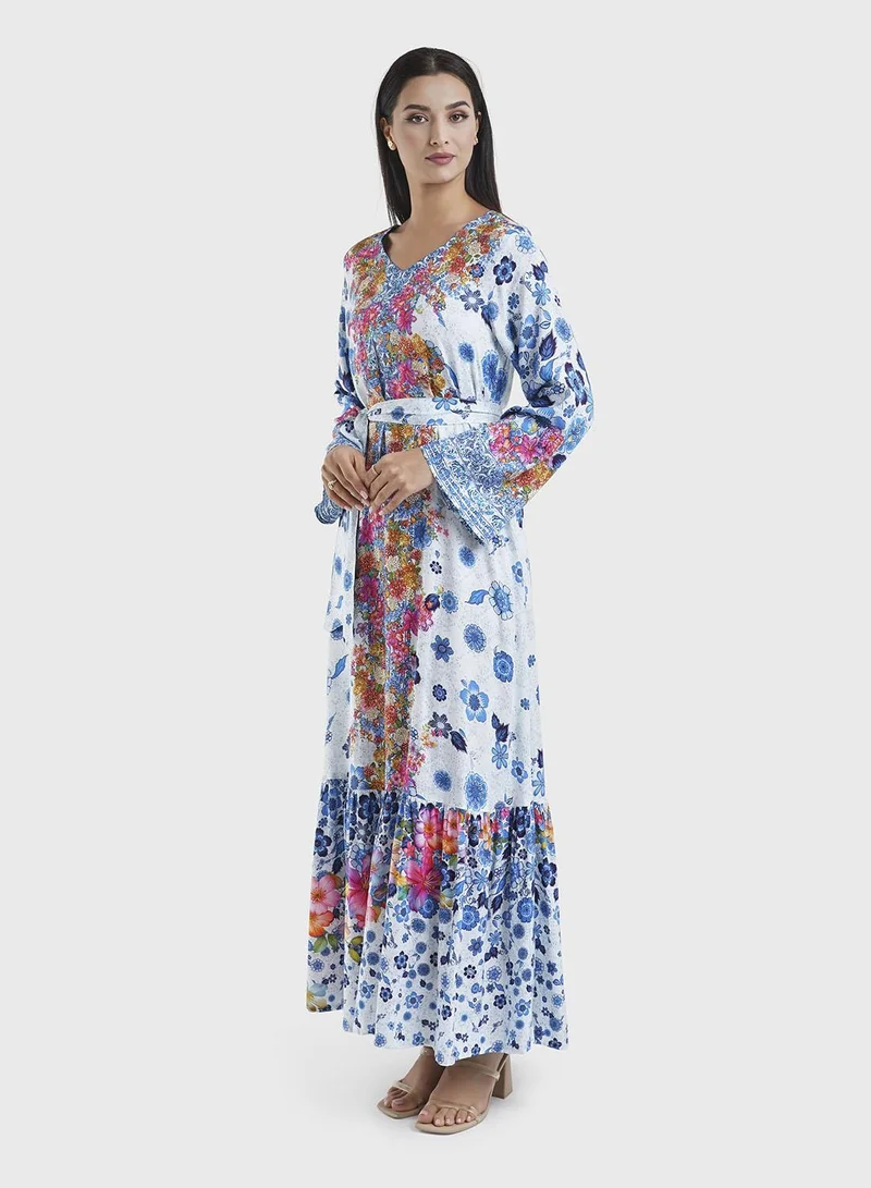 KASHKHA  Blue Viscose Floral Print Jalabiya(VDU856) for Women | Best Price UAE