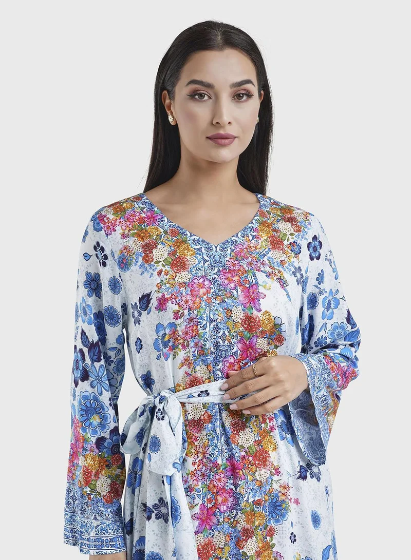 KASHKHA Blue Viscose Floral Print Jalabiya(VDU856)
